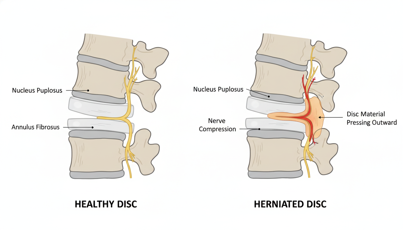 Illustration showing a herniated disc in the lower back affecting spinal nerves