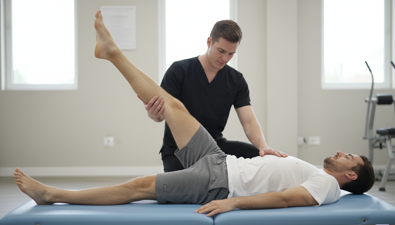 Straight-leg raise exercise for hip flexor strengthening guided by a physical therapist