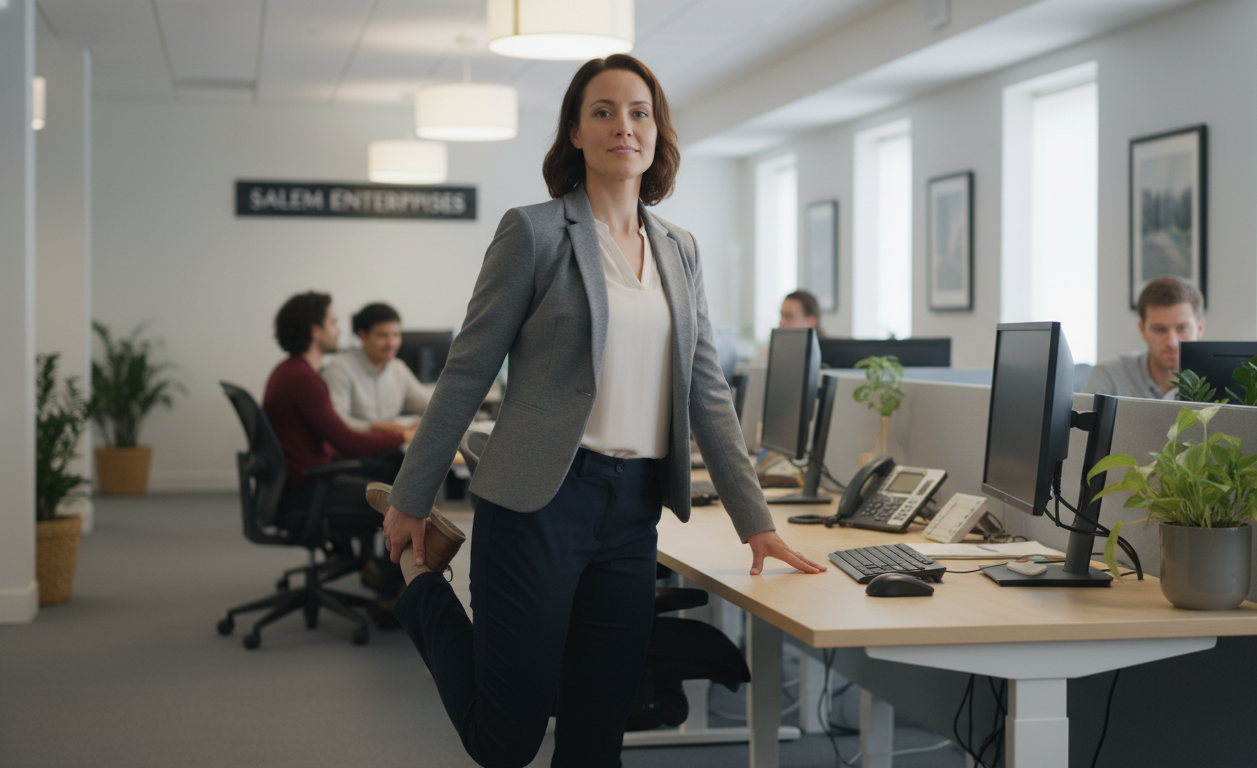 Office worker performing hip flexor stretch to prevent tightness during long sitting hours