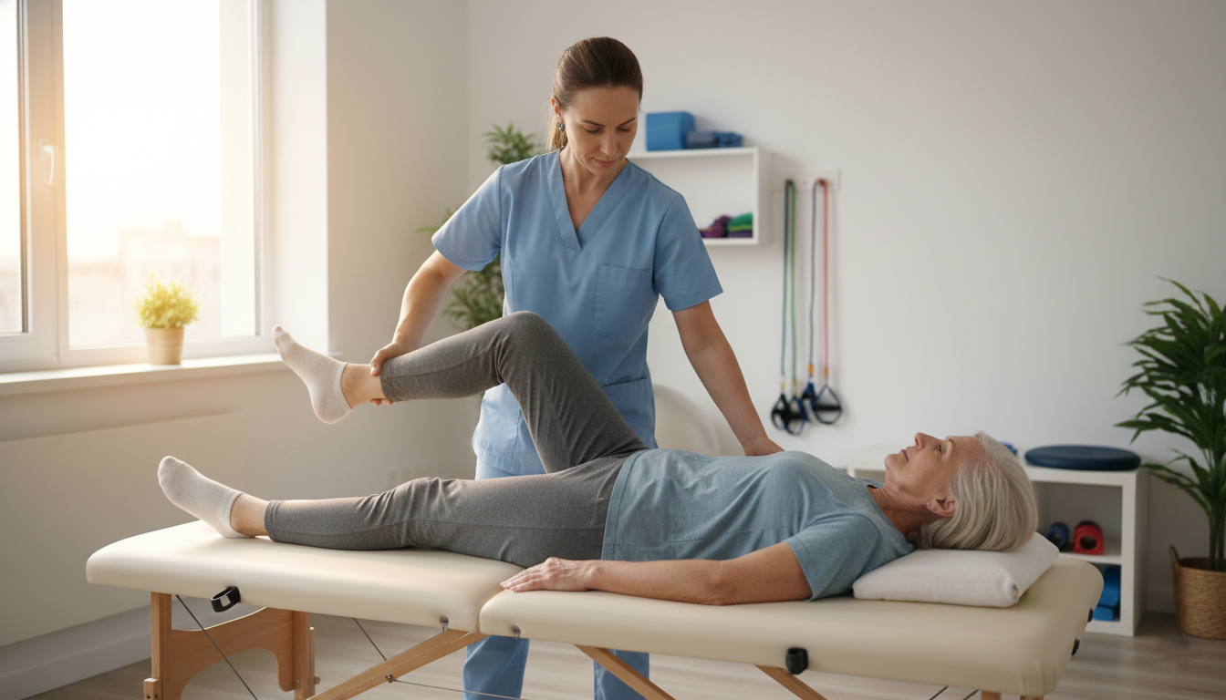 Therapist performing hip joint mobilization as part of FAI physical therapy.