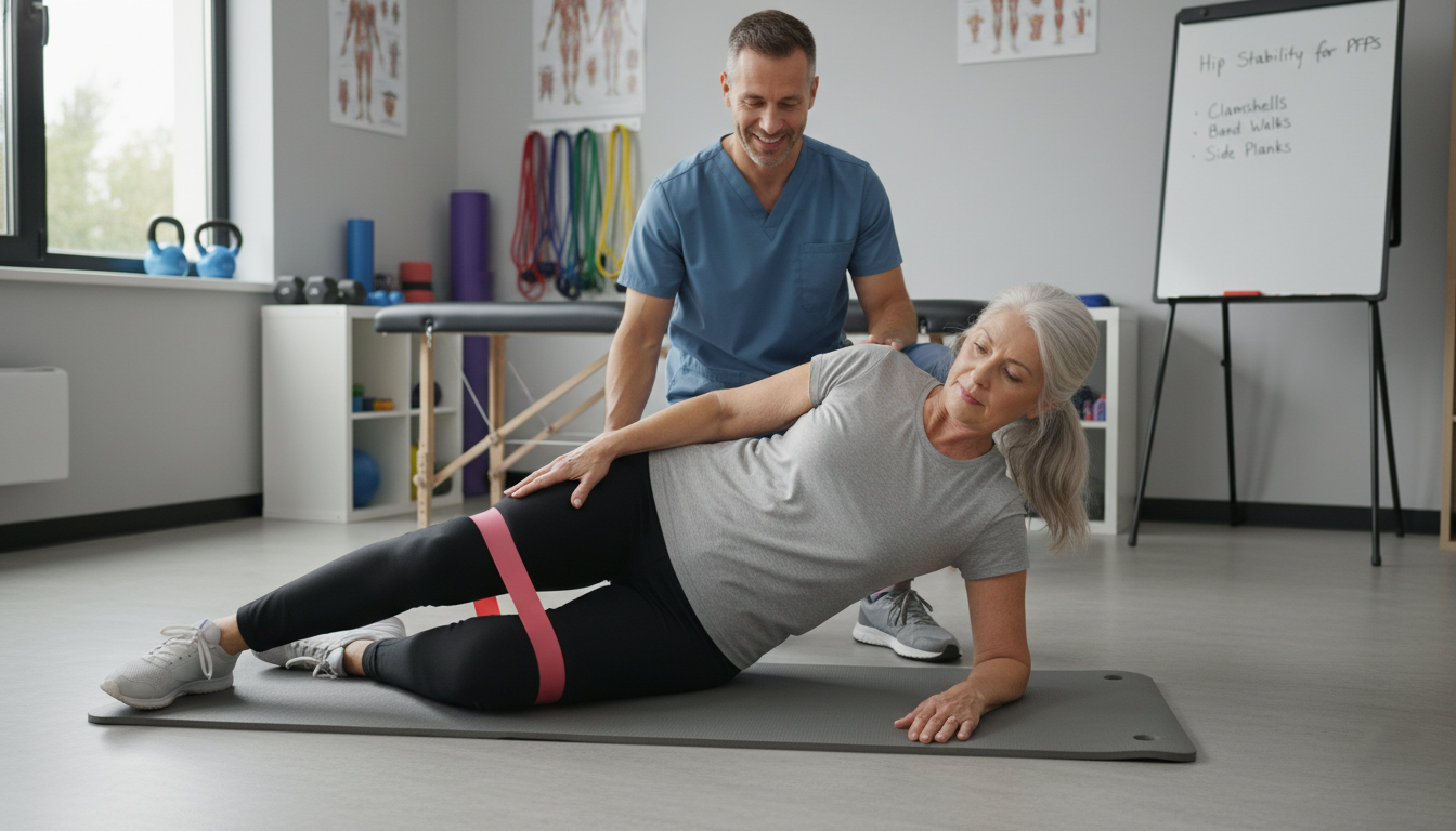 Person doing hip strengthening exercises used to treat patellofemoral pain syndrome in physical therapy.
