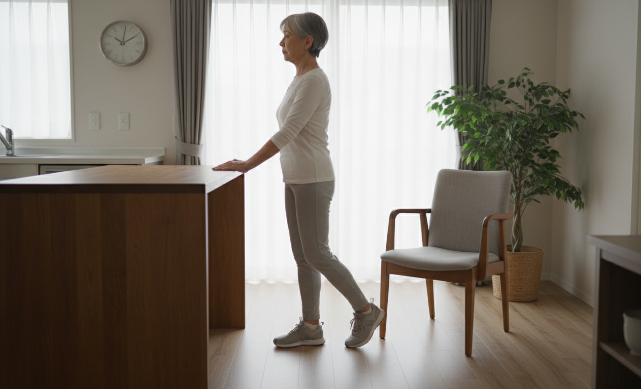 Senior performing a prescribed balance exercise safely at home