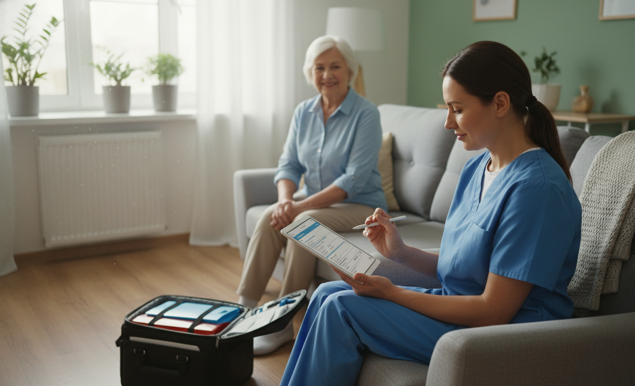 Home health nurse documenting infection assessment as part of antibiotic stewardship program
