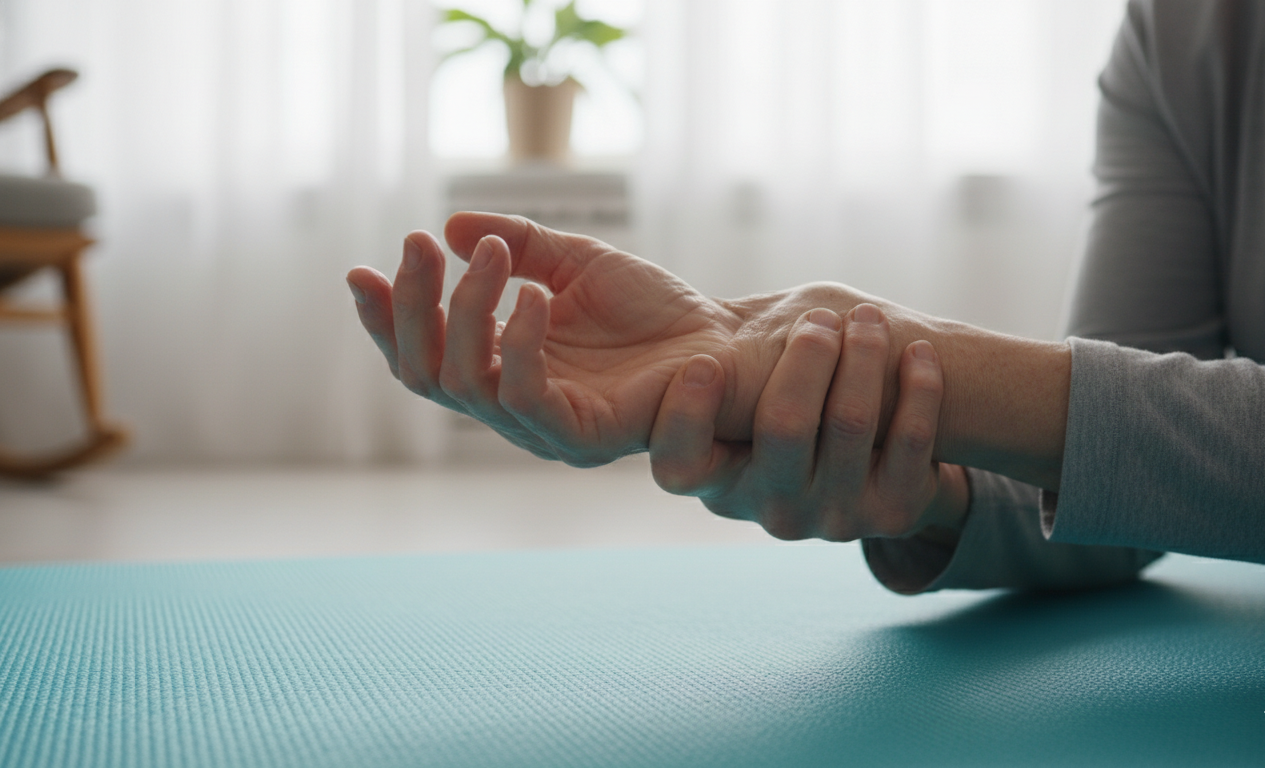 Person doing gentle wrist stretching exercises at home after fracture recovery