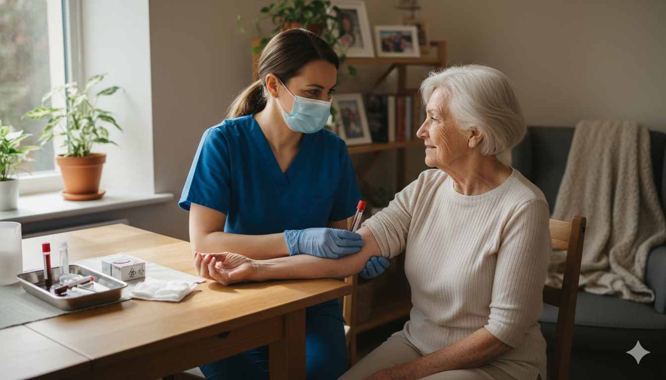 Mobile phlebotomist performing a blood draw during an in-home lab testing visit