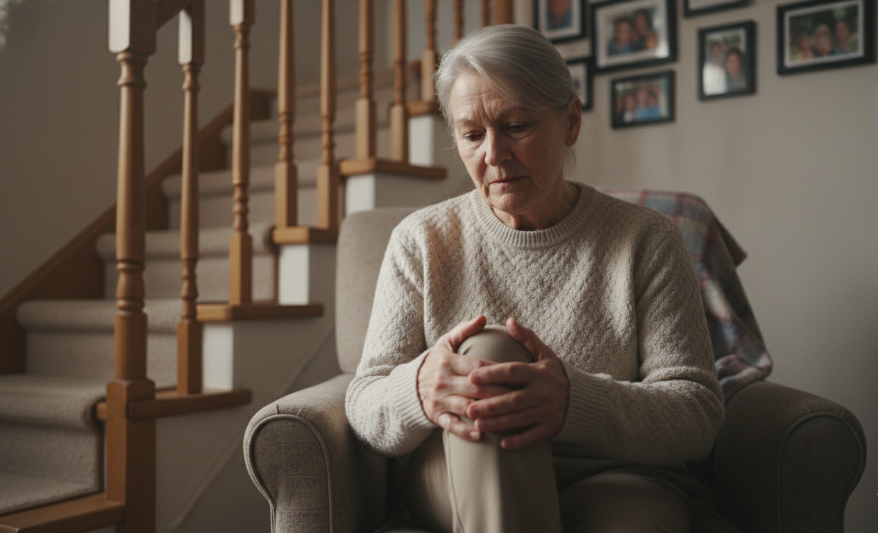 Senior experiencing knee discomfort indicating possible arthritis symptoms and need for care