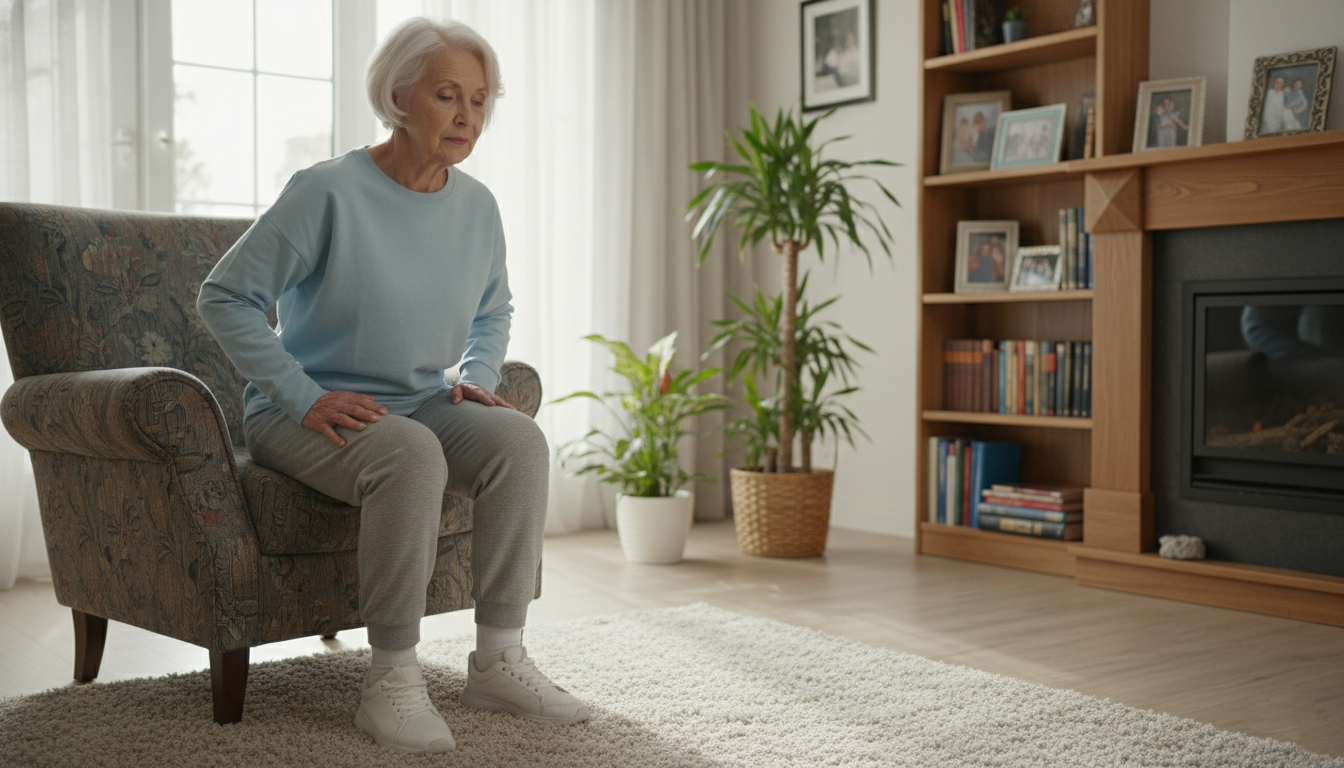 Senior performing knee strengthening exercises at home for pain relief
