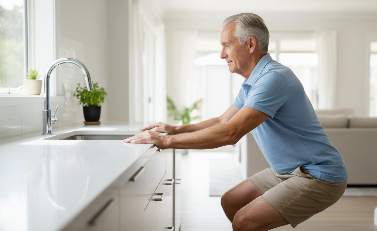 Older adult performing a supported squat exercise to improve knee strength and stability