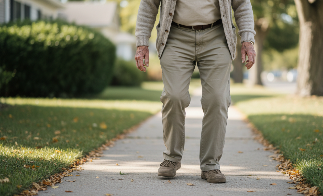 Adult experiencing weak and heavy legs while walking outdoors