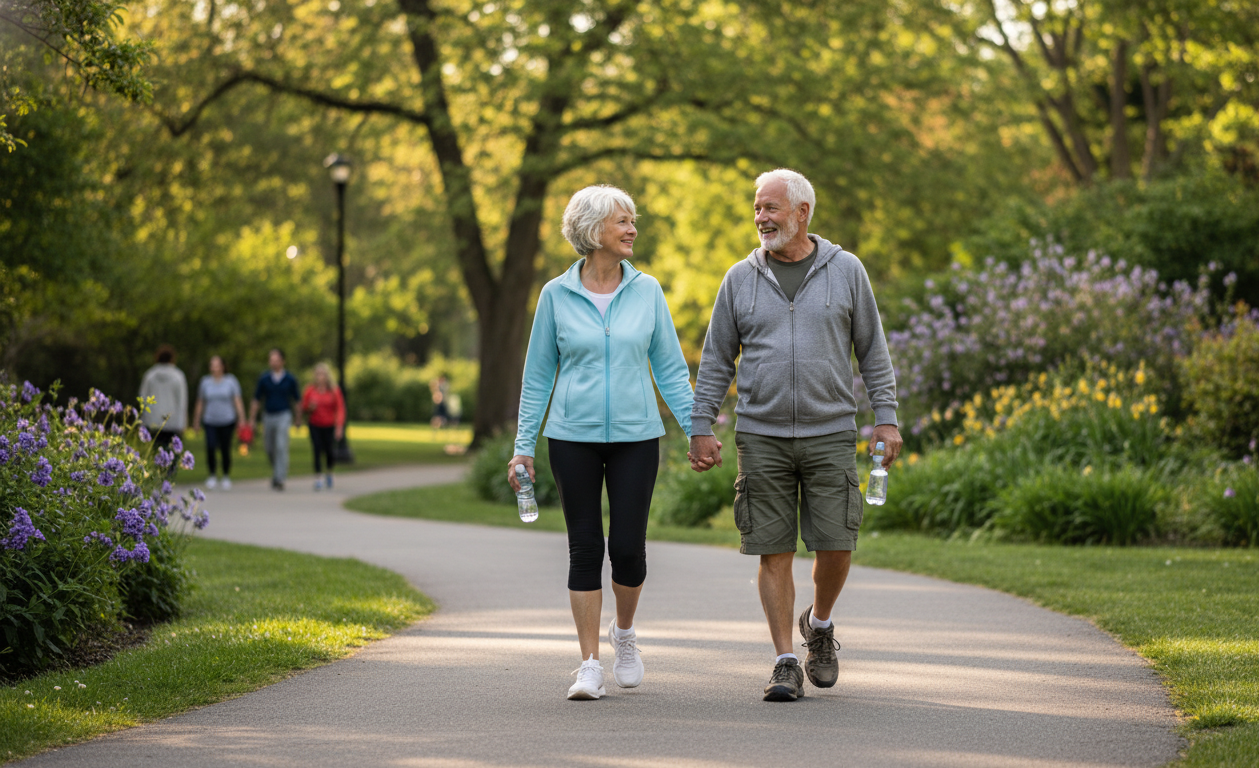 Senior couple walking outdoors for joint health and mobility improvement