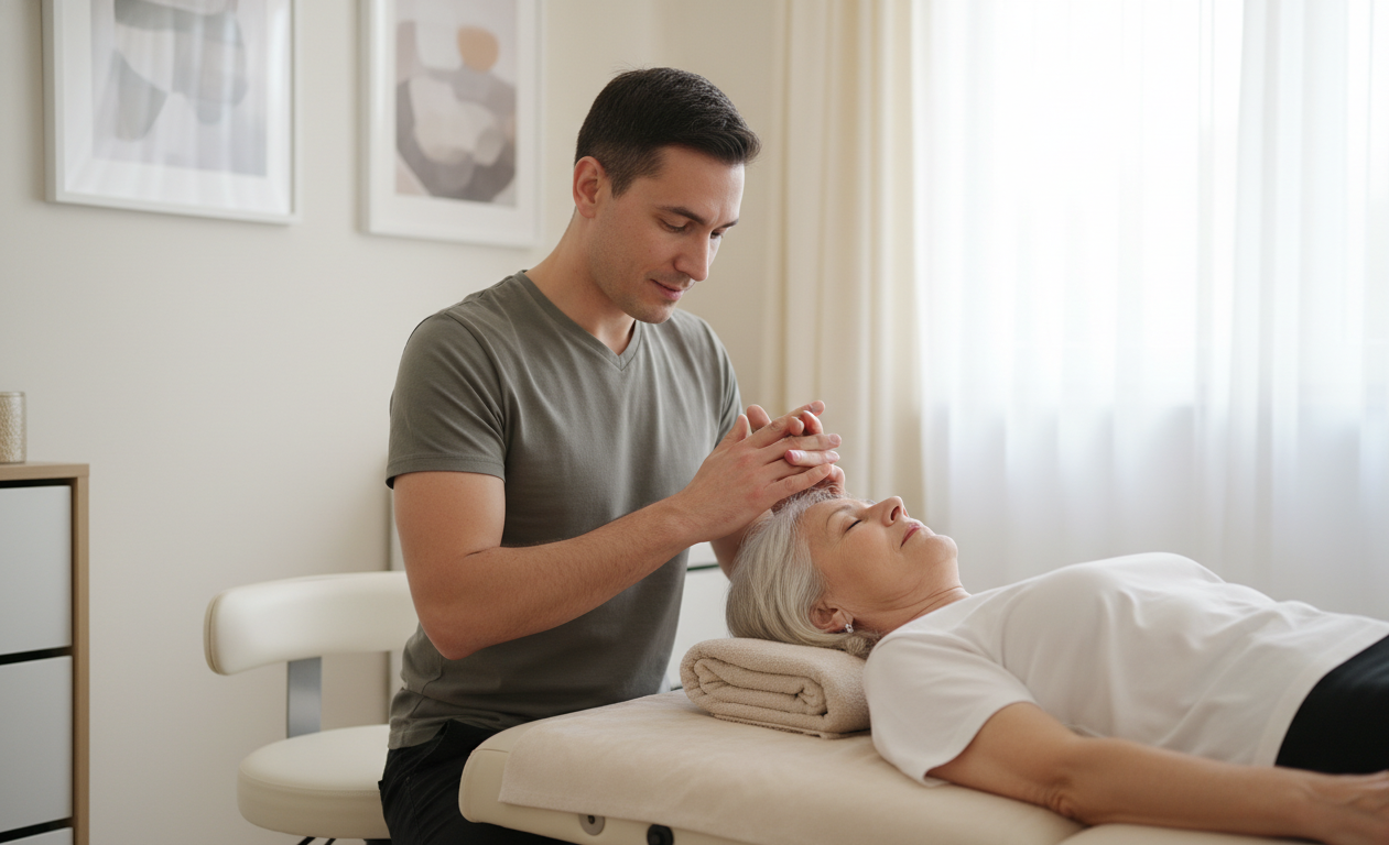 Physical therapist performing upper cervical manual therapy for occipital neuralgia treatment