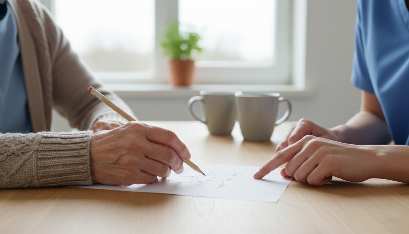 Older adult completing a Mini Cog test during a home health visit in Salem Oregon.