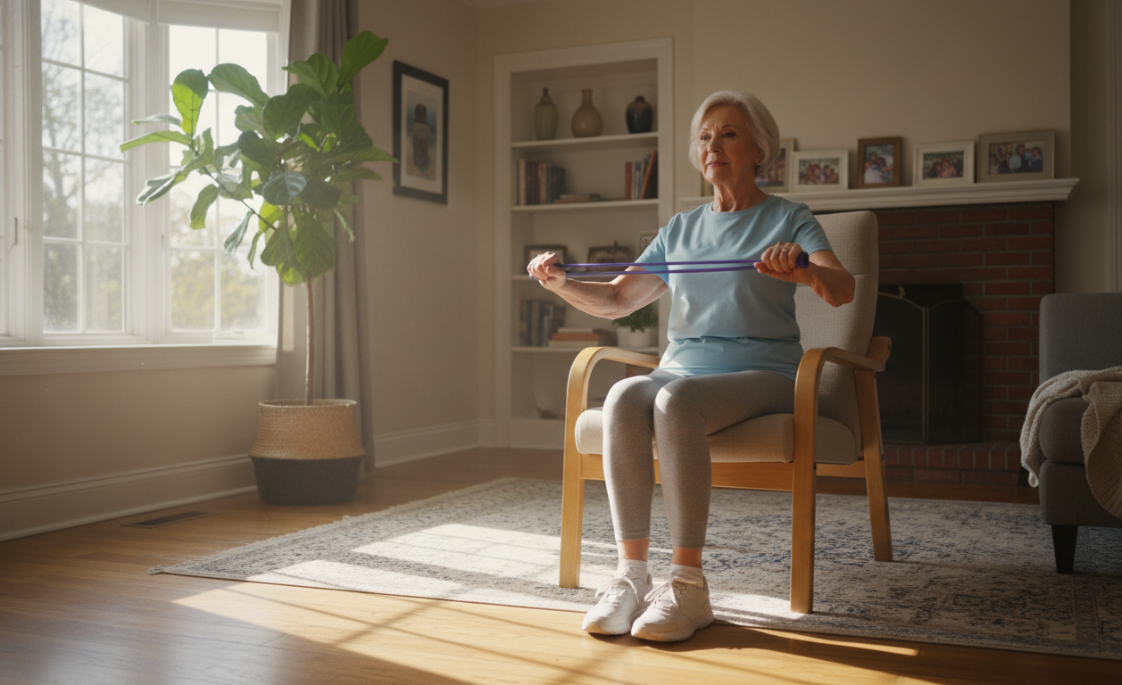 Senior performing simple home exercises to improve mobility and balance