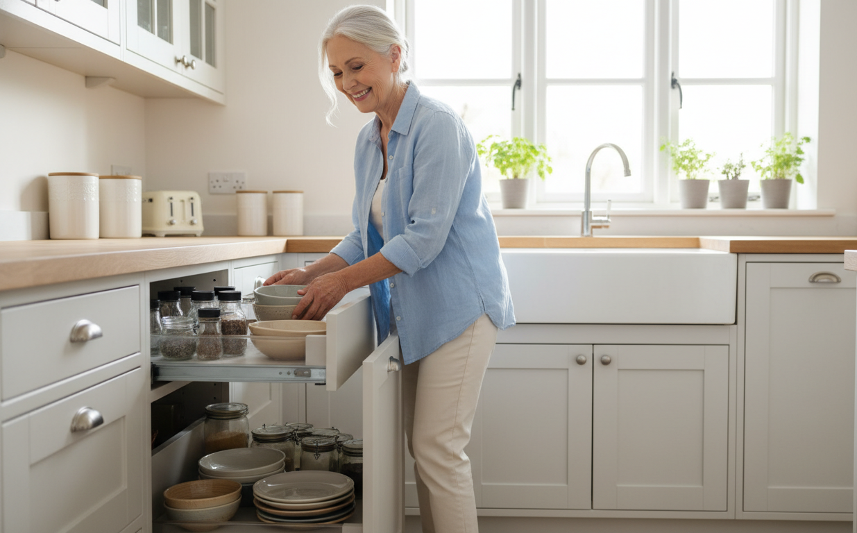 Person adjusting home setup to stay independent with mobility challenges