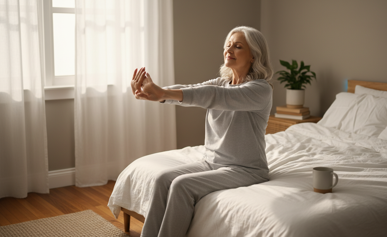 Senior doing gentle morning stretches to reduce arthritis stiffness