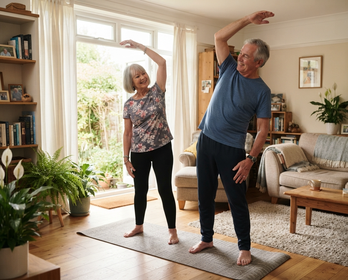 Senior couple performing gentle morning stretching exercises to reduce arthritis stiffness.
