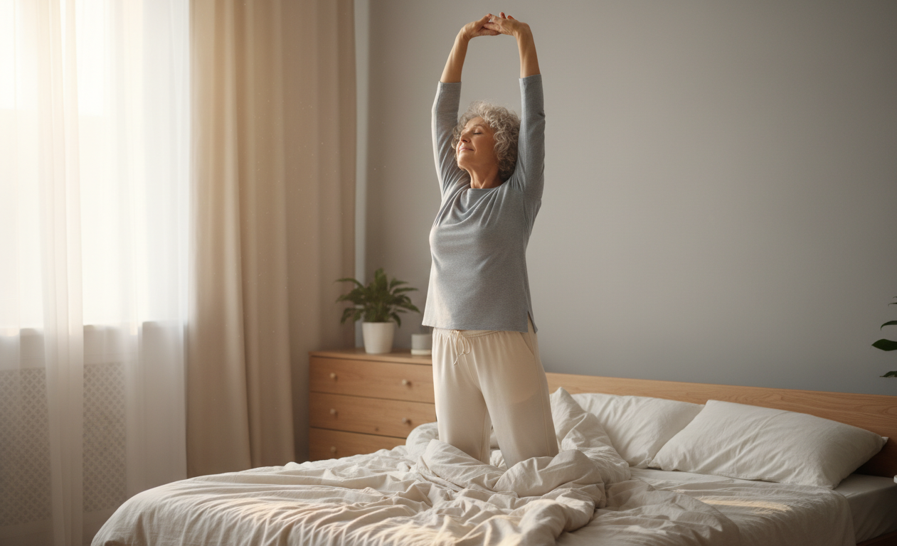 Senior doing simple morning stretches to relieve joint stiffness