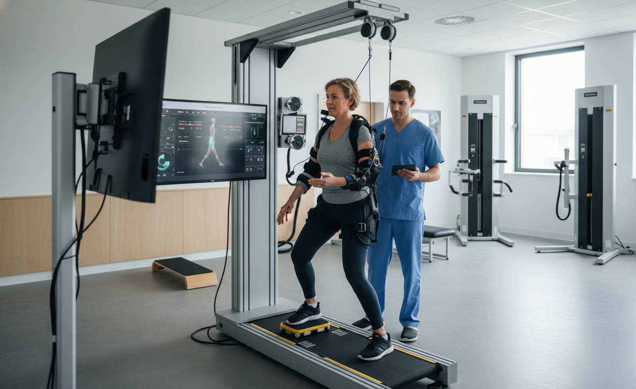 Patient using Neubie therapy as part of a rehabilitation program for nerve pain and mobility improvement.