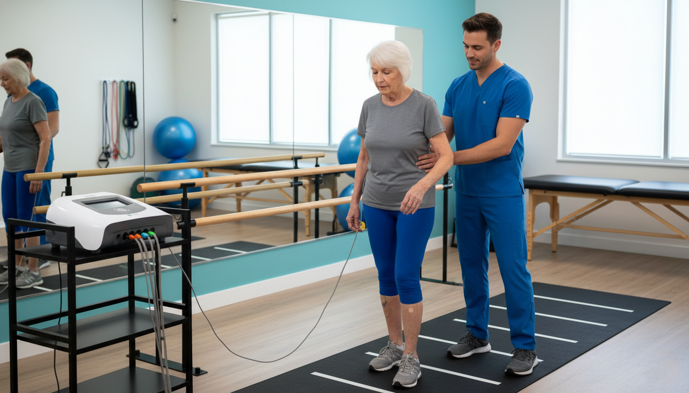 Older adult using Neubie therapy for neuropathy-related foot weakness and balance problems