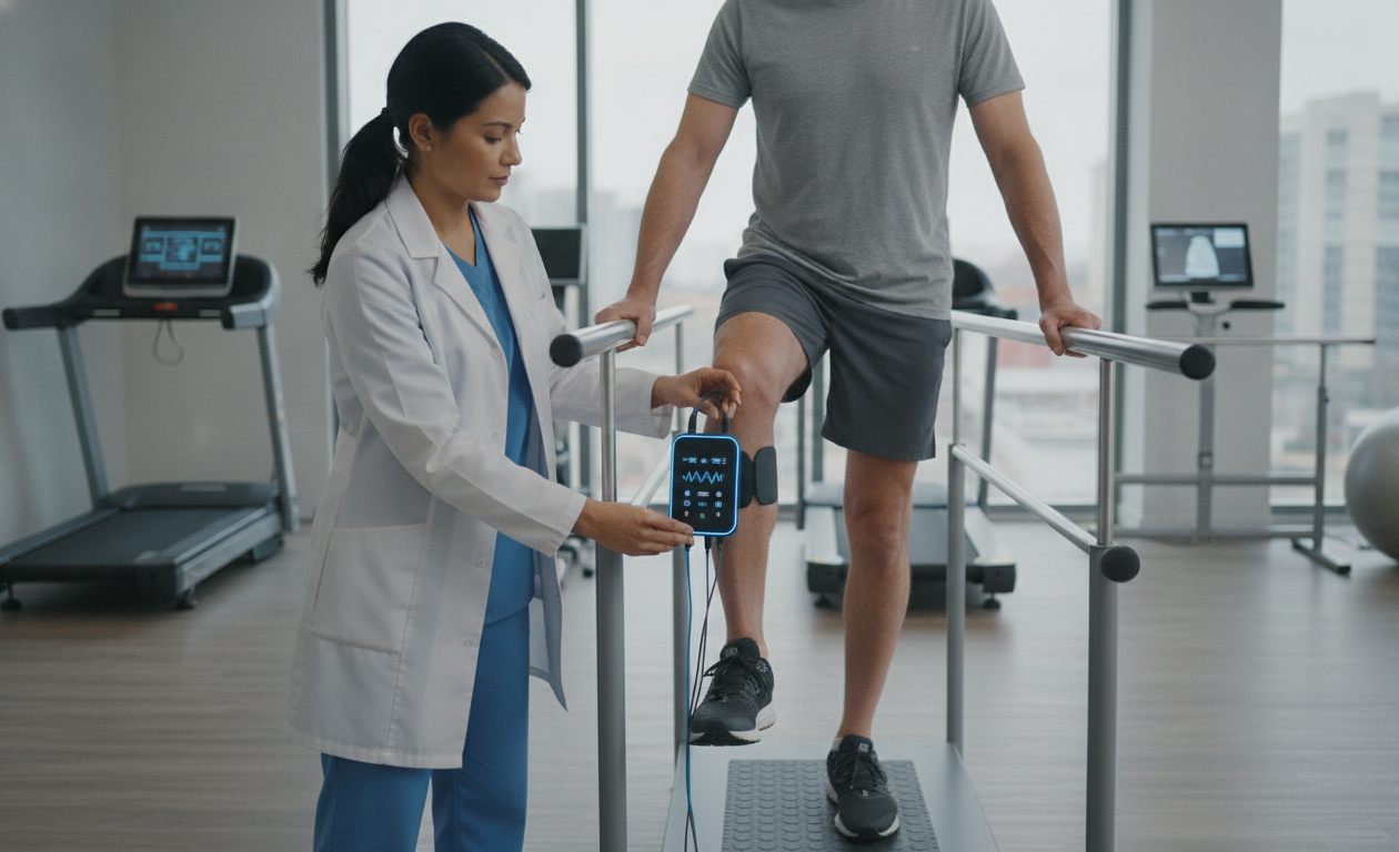 Neuropathy patient using NEUBIE therapy during physical rehabilitation session
