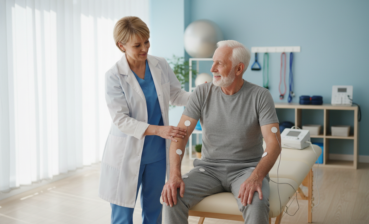 Senior receiving non-surgical neuropathy treatment using electrical stimulation therapy