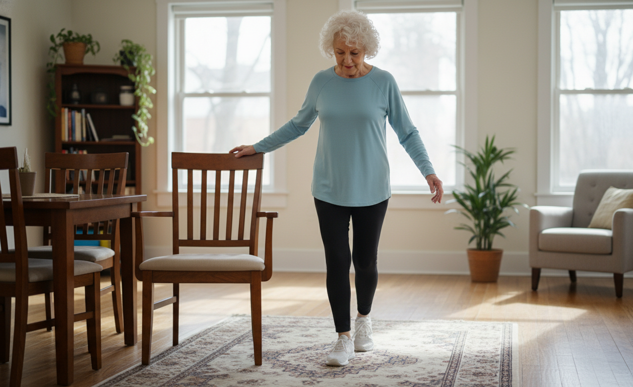 Senior doing balance exercises at home to reduce fall risk from neuropathy