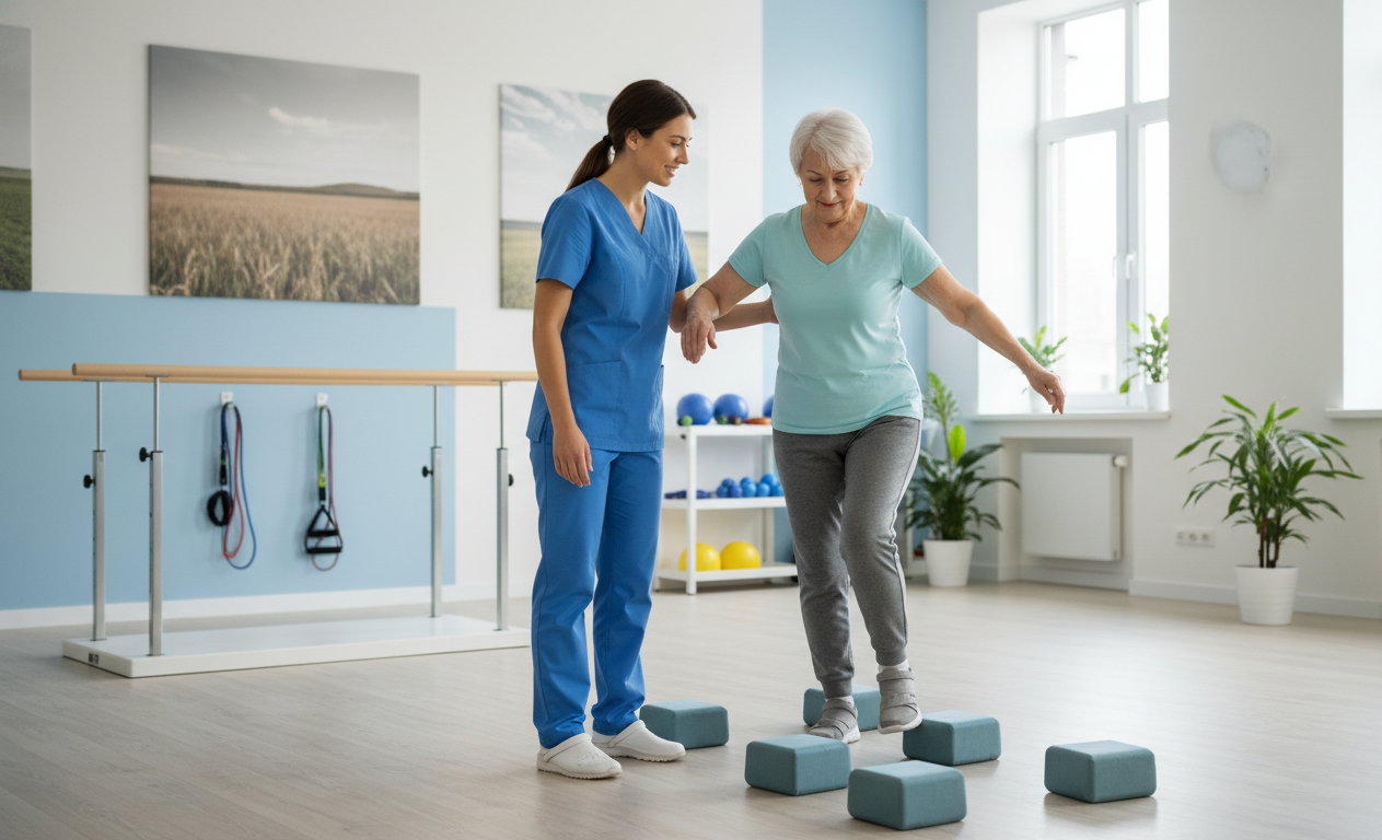 Physical therapist helping a senior perform neuropathy balance exercises
