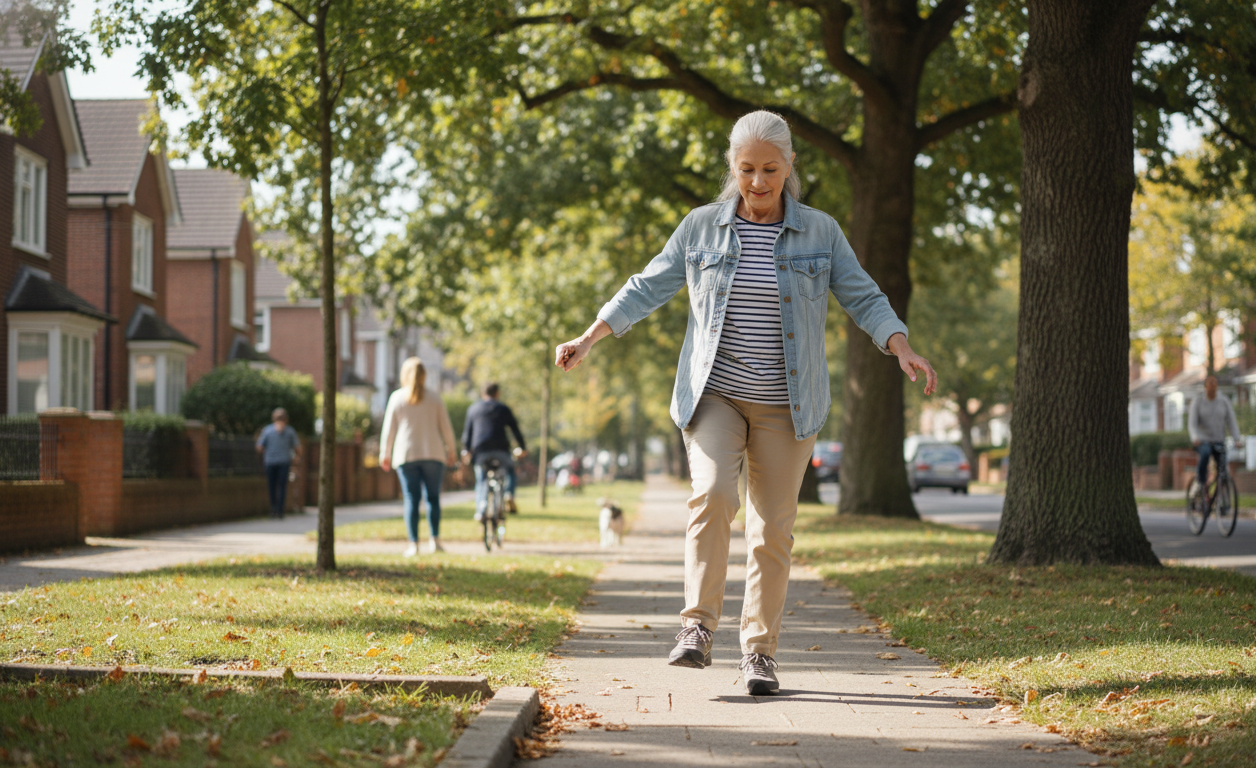 Older adult navigating uneven surfaces while managing balance challenges caused by neuropathy.