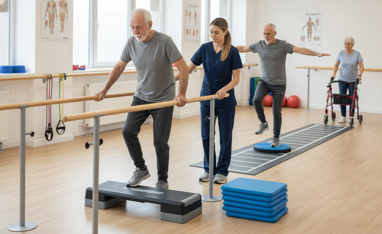 Patient performing balance and strengthening exercises for neuropathy rehabilitation
