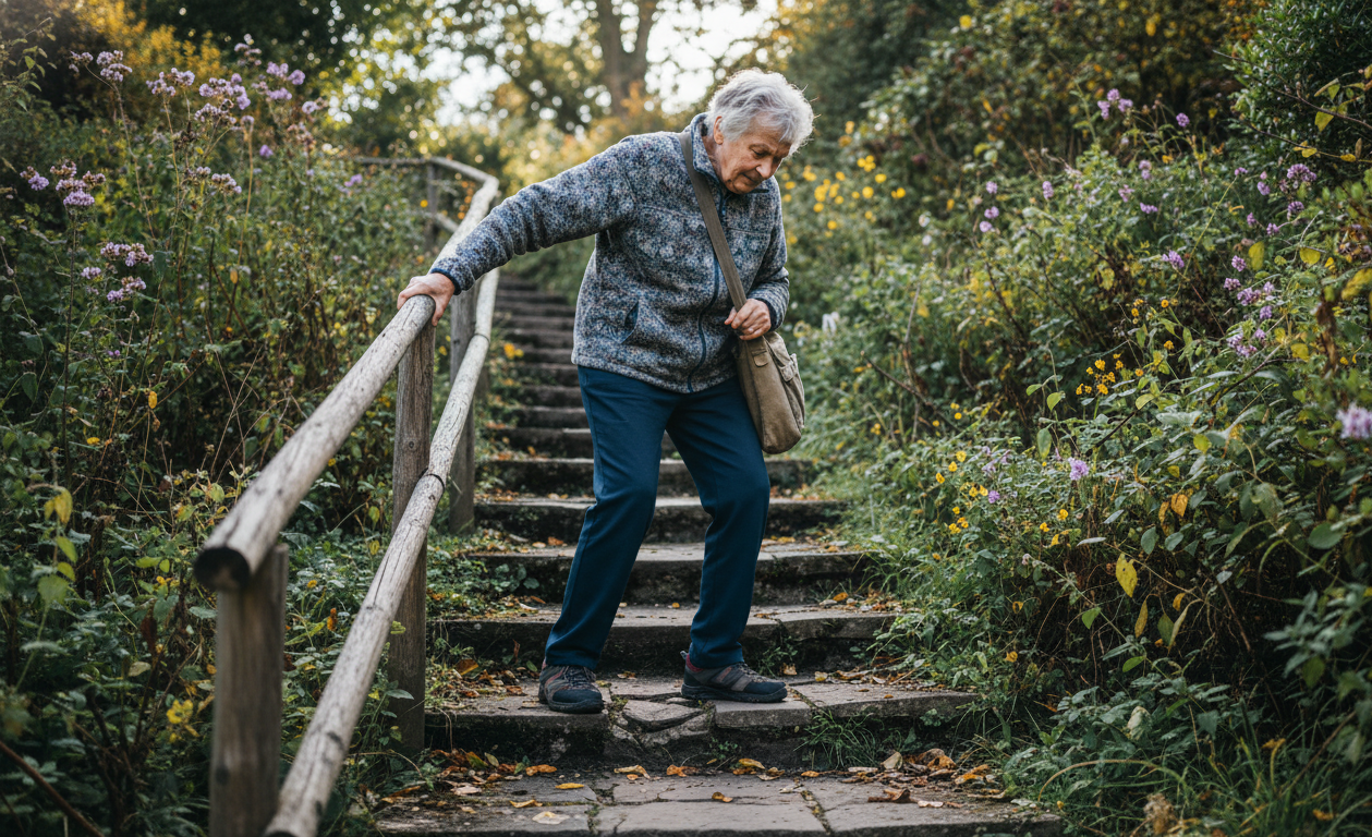 Senior with neuropathy struggling to maintain balance on stairs or uneven surface