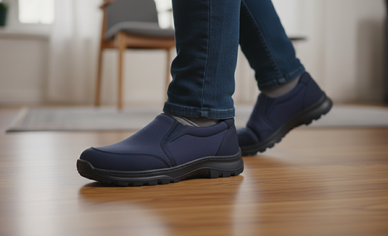 Senior walking safely with supportive footwear to manage neuropathy symptoms