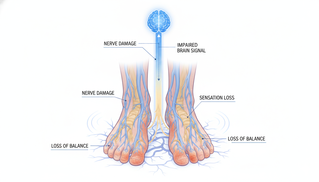 Diagram showing how neuropathy affects nerves in the feet and balance