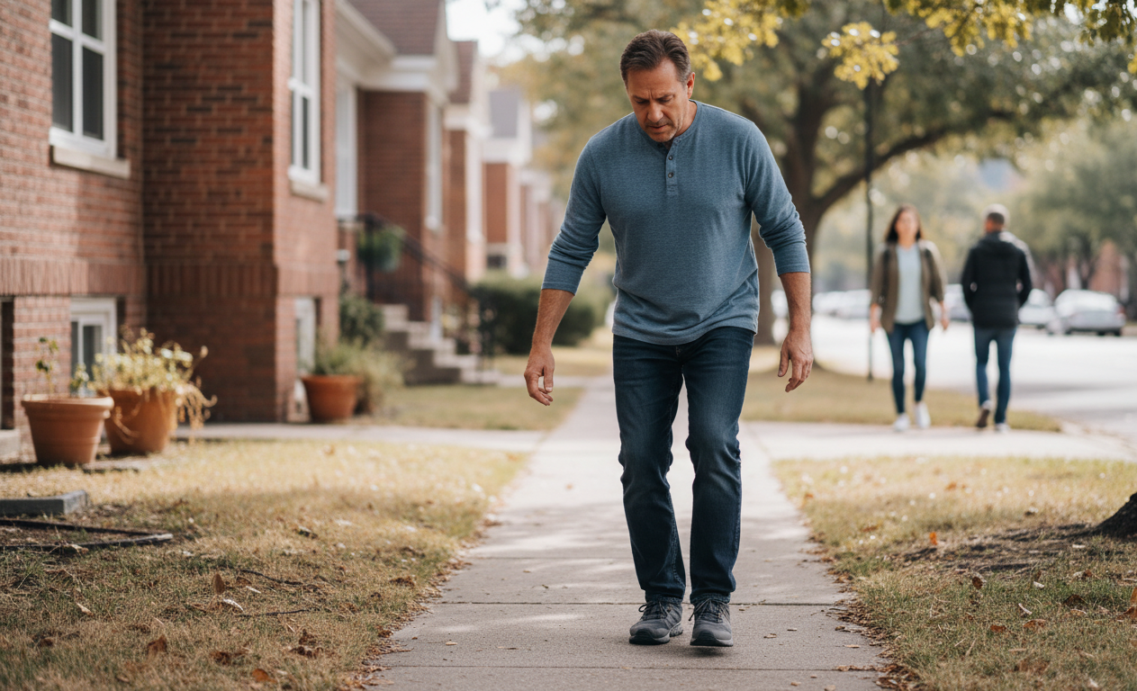 Adult experiencing walking difficulties related to neuropathy symptoms and foot numbness.