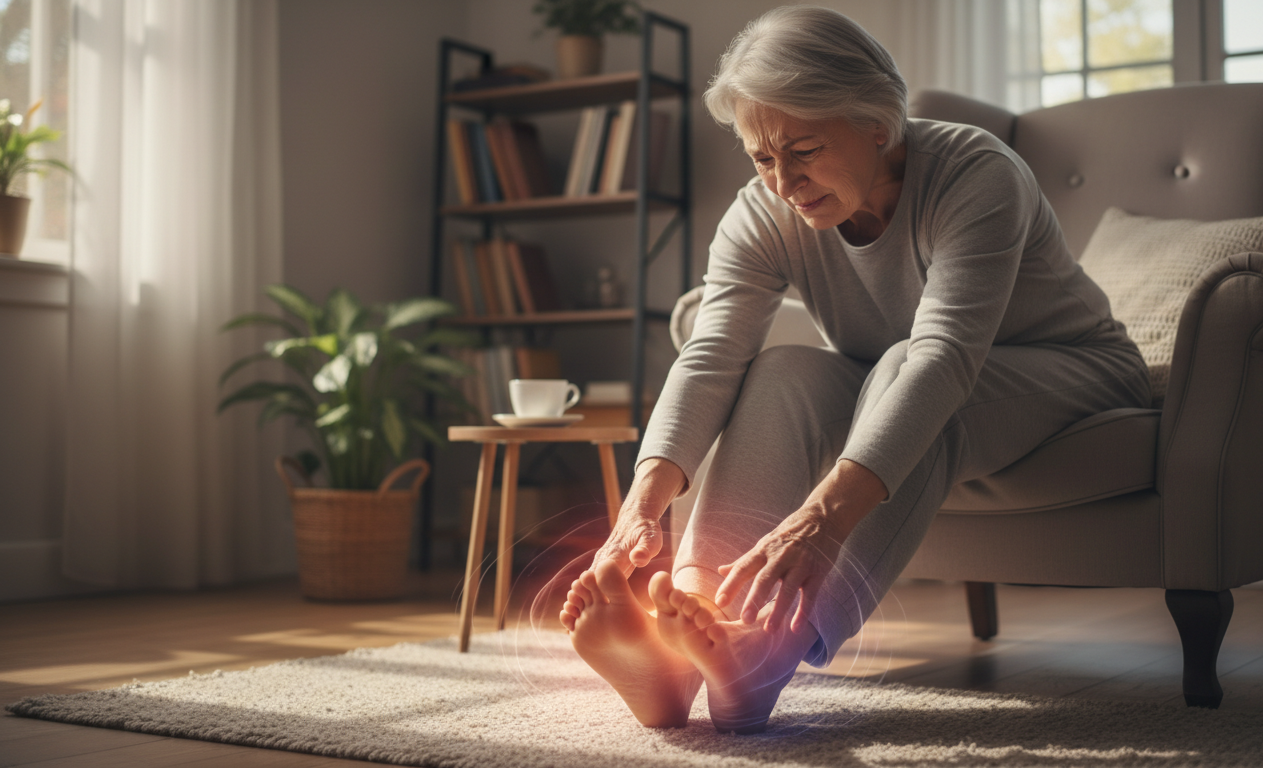 Senior experiencing burning and tingling sensation in feet due to nerve damage