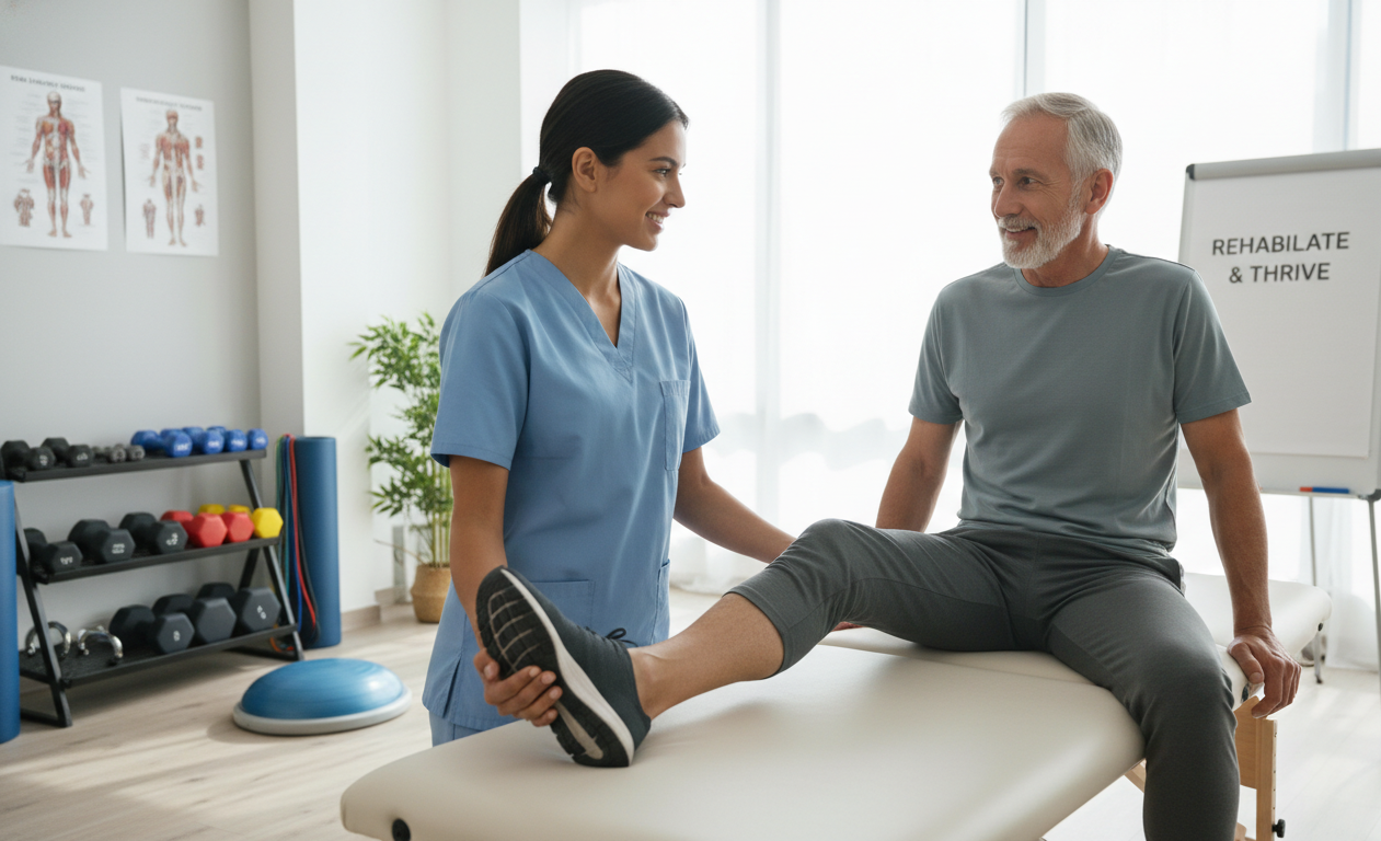 physical therapist helping senior with neuropathy treatment exercises