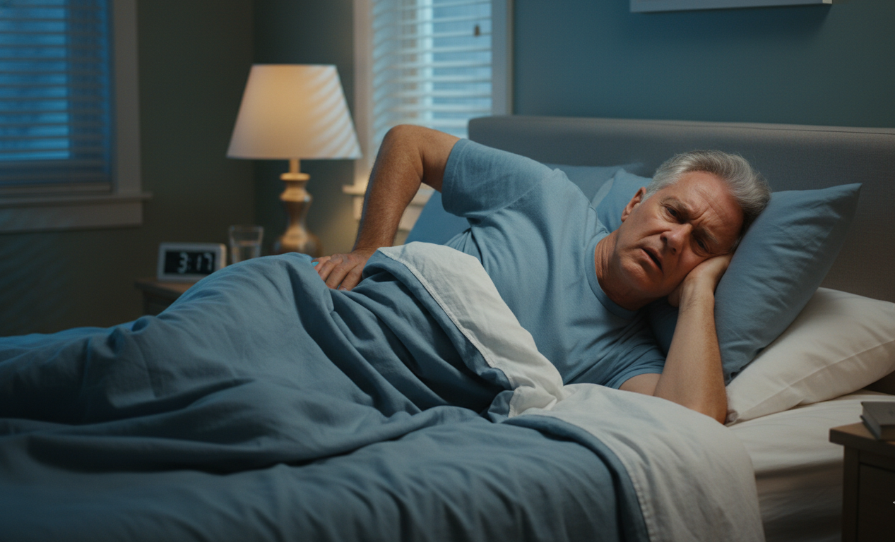 Older adult struggling to sleep because of nighttime foot pain