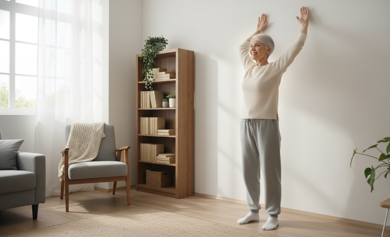 Older adult performing home shoulder exercises for rotator cuff tendinitis recovery.