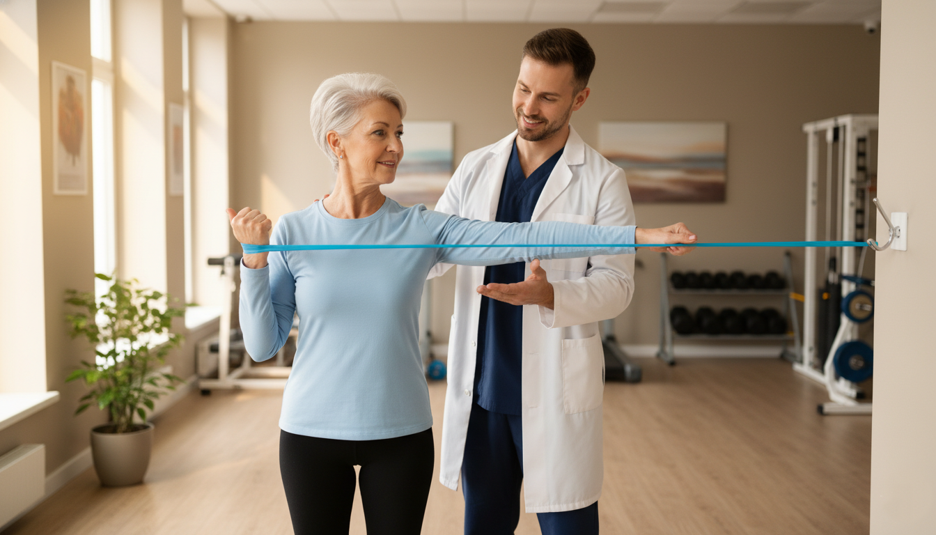 Older adult doing resistance band exercises for rotator cuff tendinitis with therapist guidance.