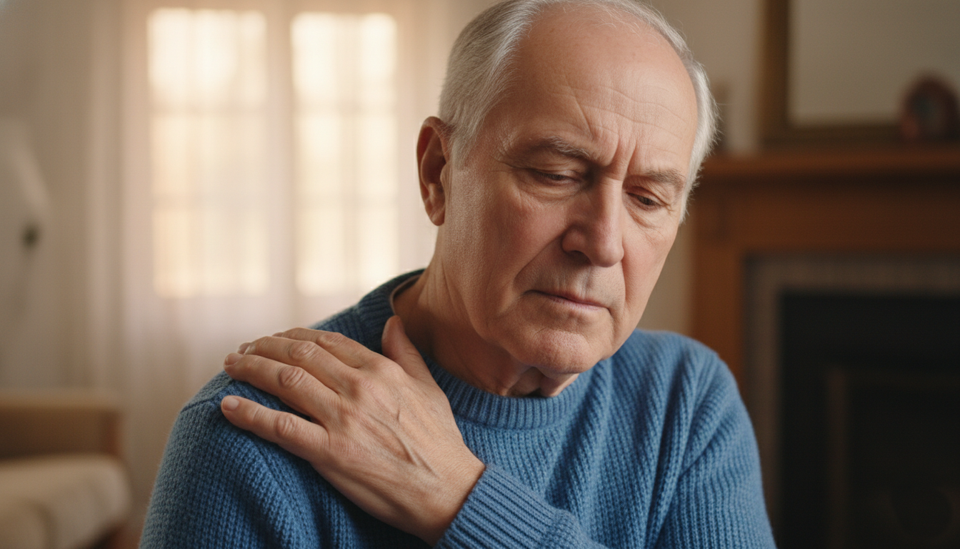 Older adult holding the shoulder to show discomfort from rotator cuff tendinitis.