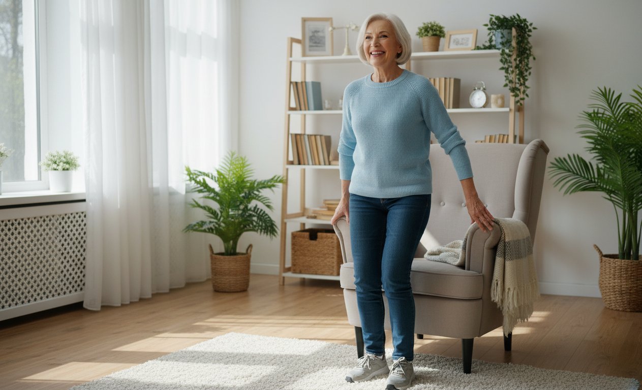 Older adult demonstrating lower body strength by standing up from a chair without assistance