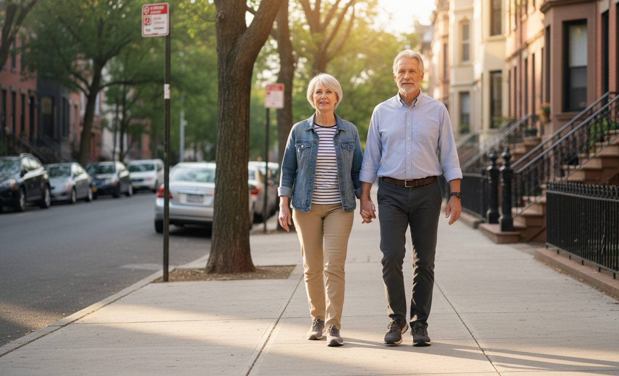 Older adults walking carefully outdoors representing balance problems in seniors