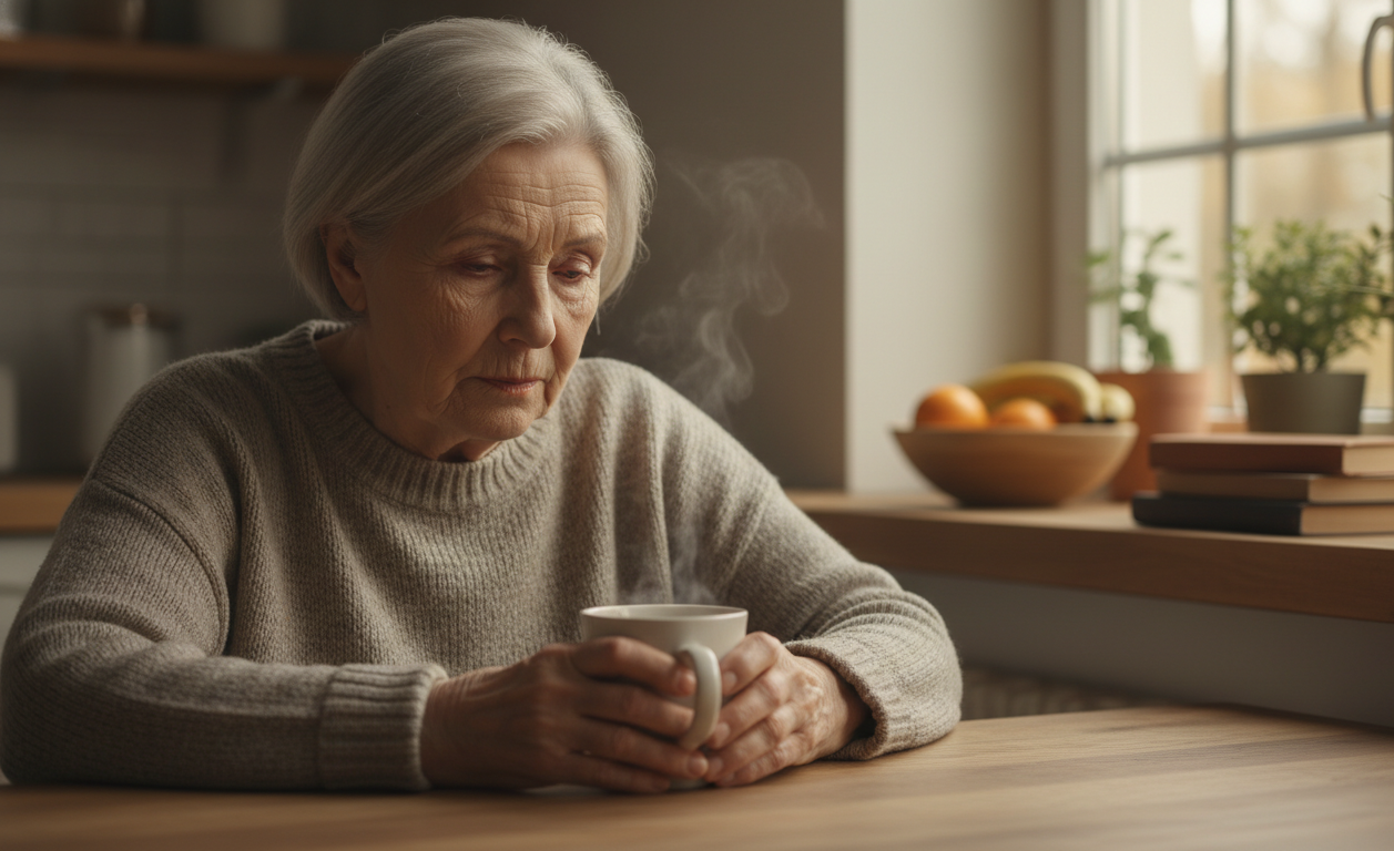 Older adult caregiver looking tired and overwhelmed, showing early signs of burnout.