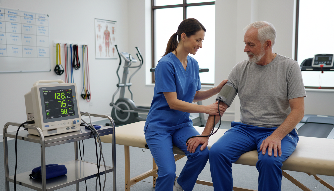 Therapist checking blood pressure of older POTS patient during therapy session in Salem Oregon
