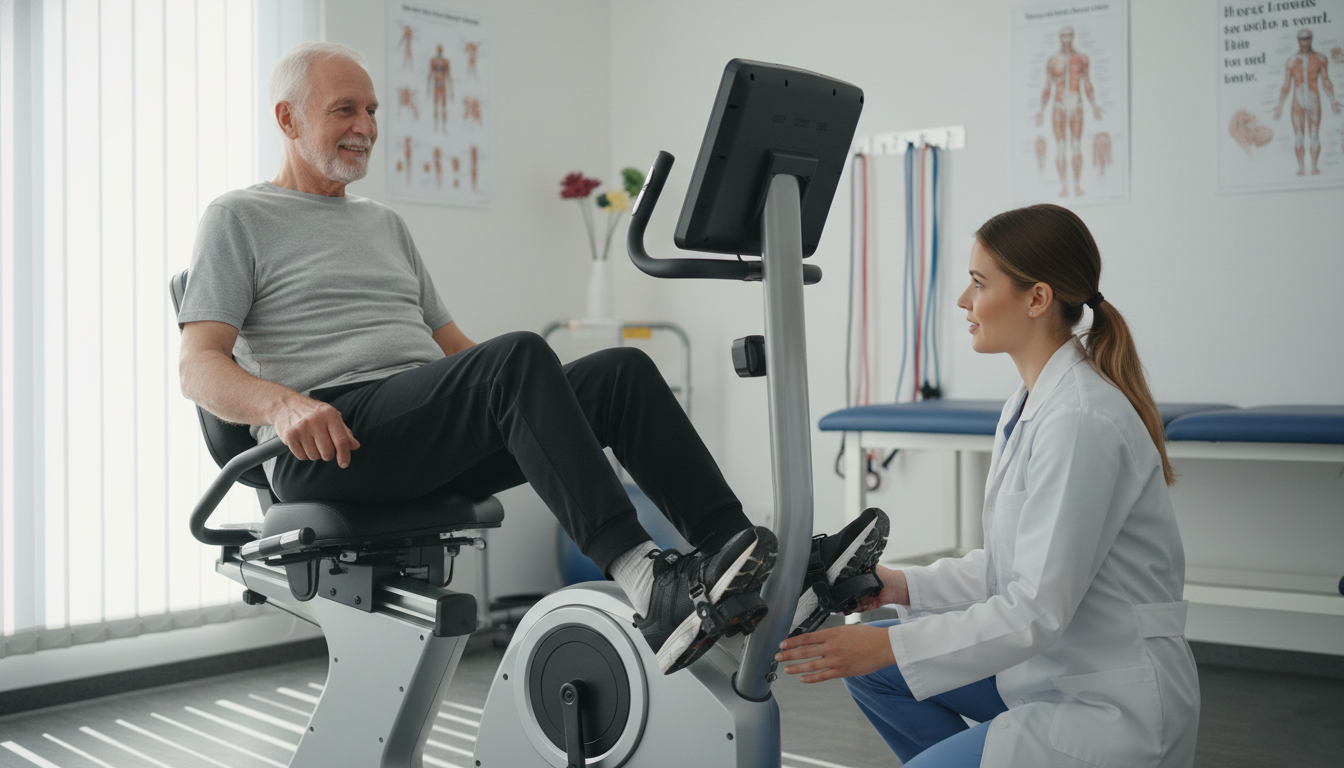 Older POTS patient using recumbent bike at HWY Physical Therapy Salem Oregon