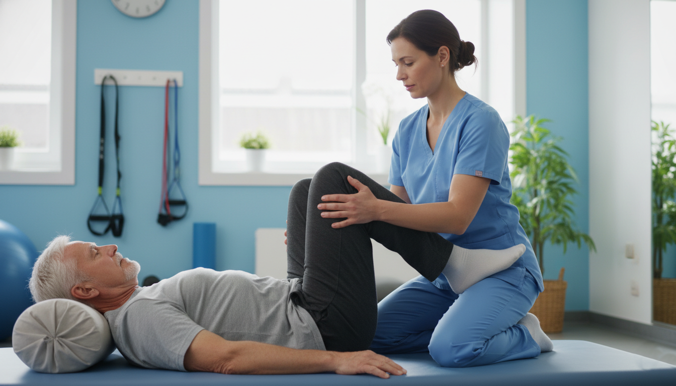 Therapist helping older adult with gentle stretching during POTS therapy at HWY Physical Therapy Salem Oregon