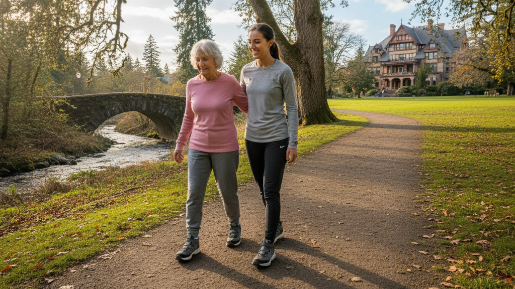 Salem osteoarthritis patient walking safely with therapist support outdoors