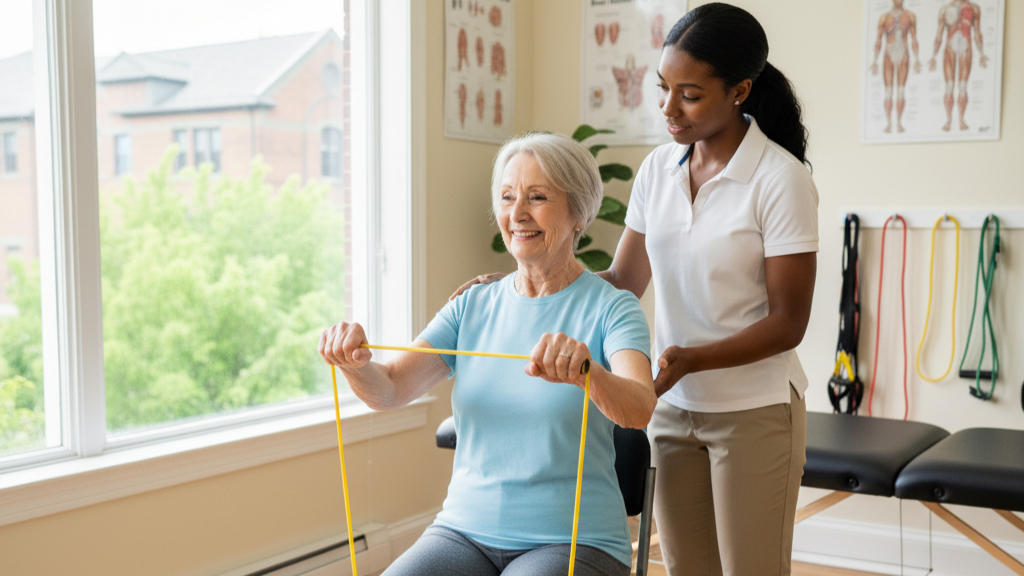 Patient in Salem doing resistance band exercises for osteoporosis rehabilitation with a physical therapist