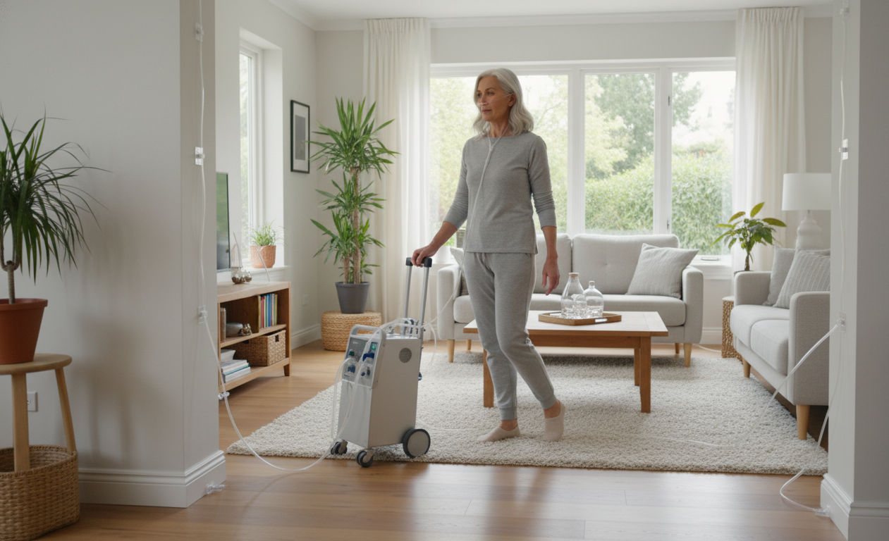 Organized oxygen tubing along baseboards to prevent tripping hazards at home.