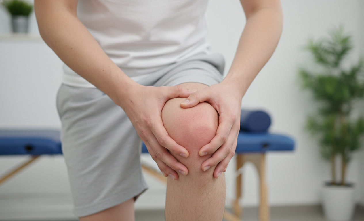 Person touching the front of their knee to show symptoms of patellofemoral pain syndrome.
