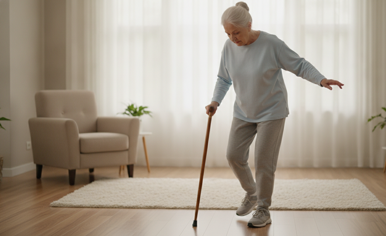 Older adult managing neuropathy symptoms affecting foot sensation and balance.